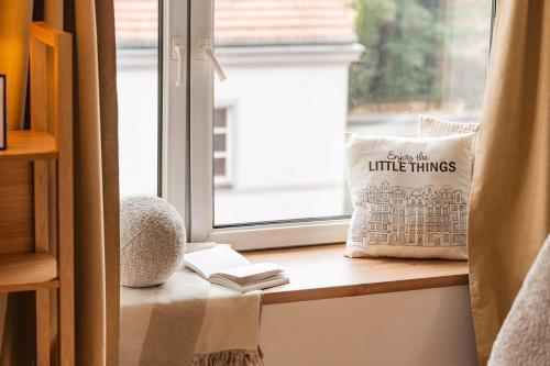 Una ventana con una almohada y libros en el alféizar. en Raciborska Old Town, en Gliwice