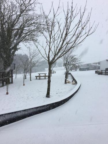 a park covered in snow with a picnic table and benches at The Annexe at the Cedars in South Brent