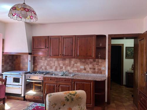una cucina con mobili in legno e un forno a piano cottura di Mountain home with sauna a Sùtrio