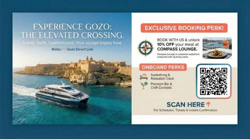 Un volante para un evento con un barco en el agua. en Private Pool Ultra Modern 4 Bedroom Villa Playstation Play Room & Garage, en Taʼ Ċantar