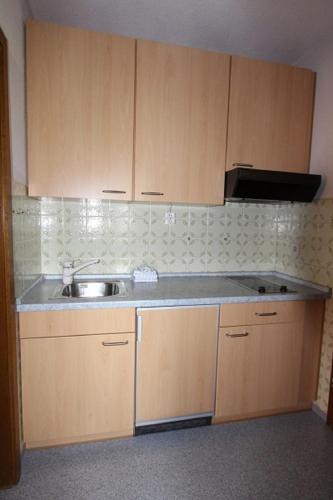 a kitchen with wooden cabinets and a sink at Erwachsenen Aparthotel DER WIESERHOF Wunderschöne Einzellage in Bad Füssing