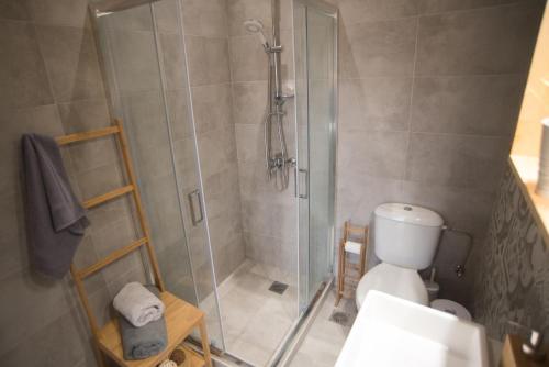 een badkamer met een glazen douche met toilet bij La Casa Rosa in Lefkada