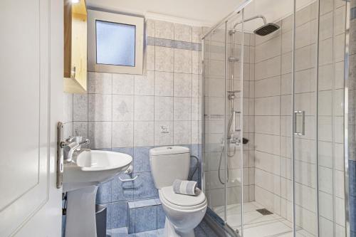 een badkamer met een toilet, een wastafel en een douche bij Elaia studio 5 in Lefkada