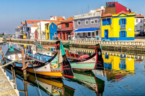 a group of boats sitting in the water with buildings at Bird’s Home in Aveiro