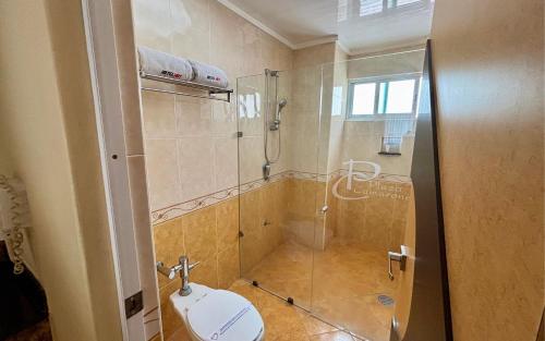 a bathroom with a shower with a toilet and a sink at Hot Plaza Camarones - Love Hotel - Solo Adultos in Mexico City
