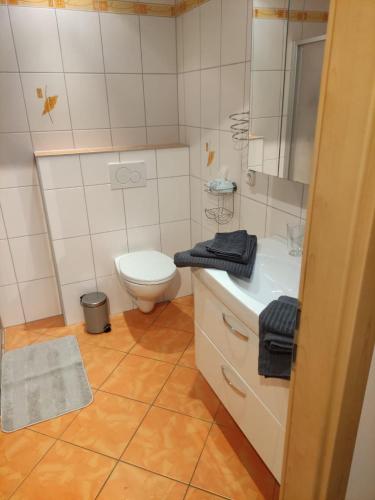 a white bathroom with a toilet and a sink at Ferienwohnung am Rennsteig in Gerstungen