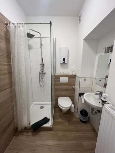 ein Badezimmer mit Dusche, Toilette und Waschbecken in der Unterkunft Pension Zwei A Altstadt in Leverkusen