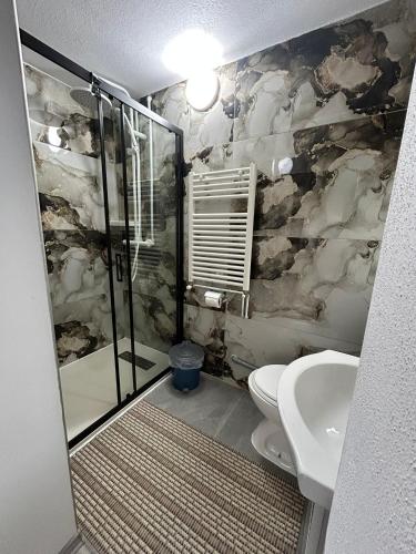 a bathroom with a shower and a toilet and a sink at Belvedere La Cristina in Corbeni