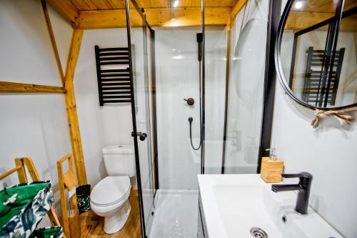 een badkamer met een douche, een toilet en een wastafel bij Nad Narvią - Glamp in Serock