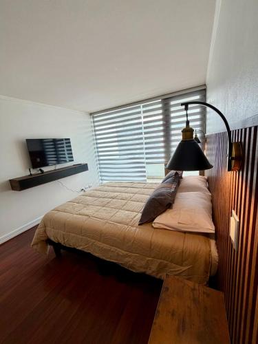 een slaapkamer met een bed met een lamp erop bij Sky Park Elite in Santiago