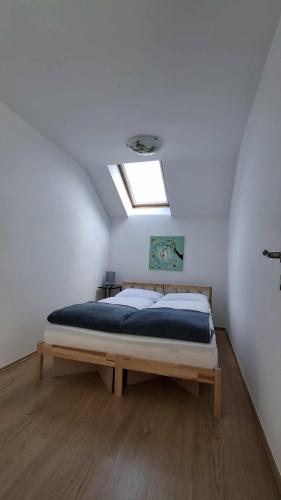 a bedroom with a bed with a skylight at Hiša Bizjak in Kranj