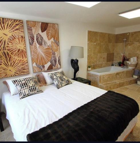 ein Schlafzimmer mit einem großen Bett und einer Badewanne in der Unterkunft Maison de village familiale Sablet in Sablet