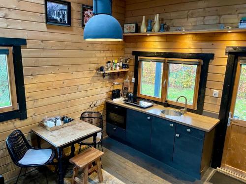 een keuken met een wastafel en een tafel in een kamer bij Landelijk gelegen houten huisje in Opperdoes