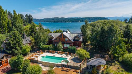 an aerial view of a house with a swimming pool at La Campiña in San Carlos de Bariloche
