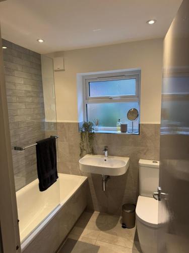 a bathroom with a sink and a toilet and a window at Snowdon Cottage in Llanberis