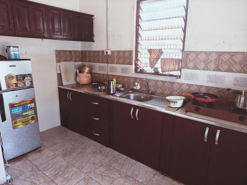 een keuken met een spoelbak en een koelkast bij huazhi in Accra