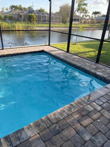 a swimming pool with blue water and a river at Basillican in Cape Coral