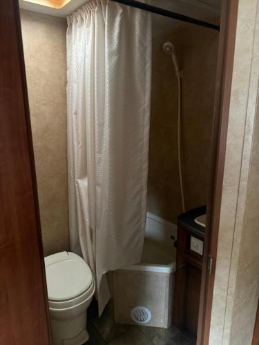 een kleine badkamer met toilet en douche bij Ver-El RV Park & Campground in Concord