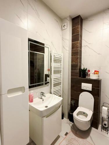 a white bathroom with a toilet and a sink at Bulevar Pent in Sarajevo