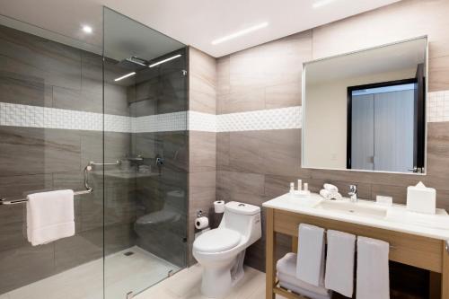 un bagno con doccia, WC e lavandino di Fiesta Inn Mérida Altabrisa a Mérida