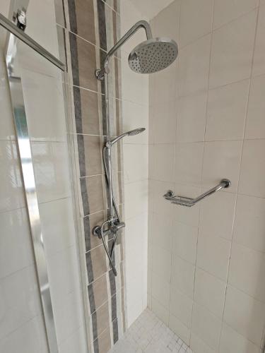 a bathroom with a shower with a glass door at Ballito garden flatlet, 5 mins to beach in Ballito