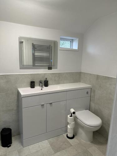 a bathroom with a white sink and a toilet at 3 Bed Chill Glouc Free Parking in Gloucester