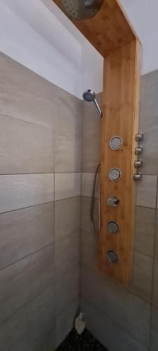 ein Badezimmer mit Dusche mit Glastür in der Unterkunft Zilia in Zilia