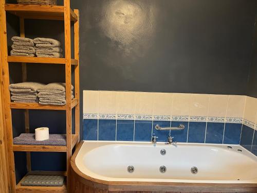 La salle de bains est pourvue d'une baignoire et de carrelage bleu. dans l'établissement Bryn Rhedyn cottage, à Cwm-y-glo