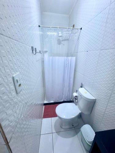 a white bathroom with a toilet and a shower at PNZ Loft 2 in Petrolina