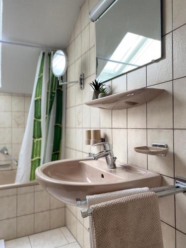 a bathroom with a sink and a mirror at Ferienwohnung "Am Dorfbach" mit Sommer Hörnerbahnen kostenlos in Bolsterlang