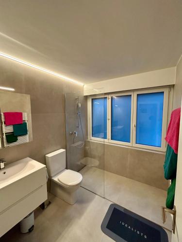 a bathroom with a toilet and a shower and a sink at Sorecrans in Crans-Montana