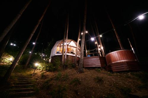 een boomhut 's nachts met twee grote vaten bij Nad Narvią - Glamp in Serock