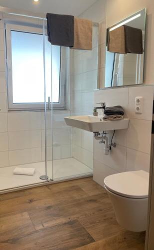 a bathroom with a shower and a sink and a toilet at Wohnung BergFrei - mit Hallenbad und Sauna in Bolsterlang