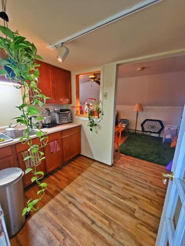 a kitchen with a door open to a living room at Point Breeze Guest House in Pittsburgh