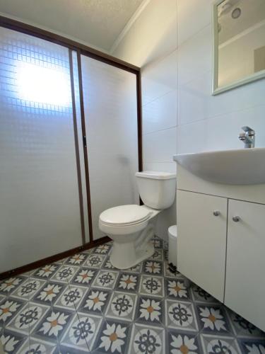 une salle de bains avec toilettes et lavabo dans l'établissement Cabañas Los Robles, à Coelemu