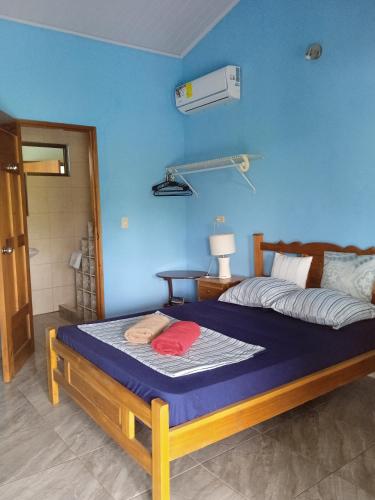 a bedroom with a bed with a blue wall at Hostal Casa Las Lajas in Las Lajas