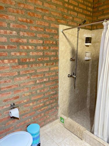 a bathroom with a shower with a brick wall at One Apart Mono 6 in Los Antiguos