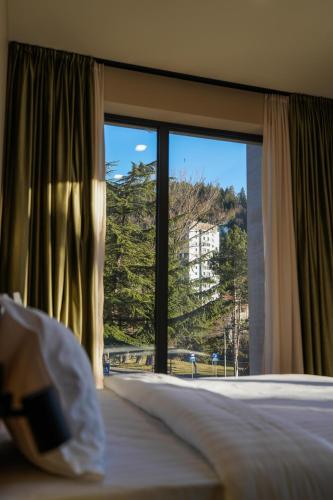 a bedroom with a window with a mountain view at Steel Tower Borjomi in Borjomi