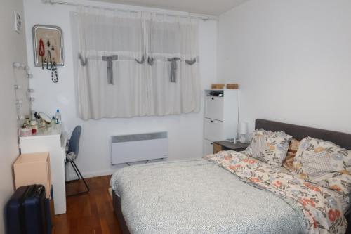 a bedroom with a bed and a window with a suitcase at Chambre privée dans bel appartement lumineux in Lyon