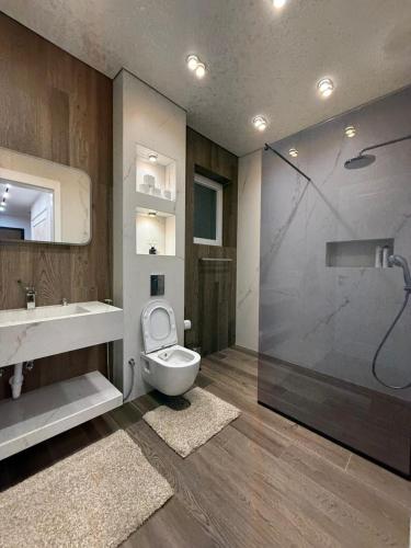 ein Badezimmer mit Dusche, Toilette und Waschbecken in der Unterkunft Luxury Penthouse in Ferizaj