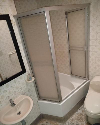 a bathroom with a shower and a toilet and a sink at Colibri Hostel in Armenia