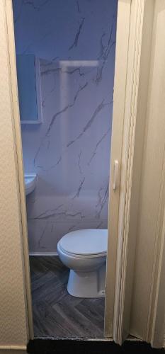een badkamer met een toilet en een marmeren muur bij Comfy 2 Bedroom House near City Centre and Uclan in Preston