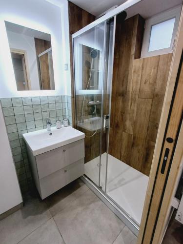 a bathroom with a shower and a sink at Escale au Nord in Dunkerque