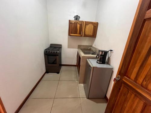 a small kitchen with a stove and a sink at Apartamentos casco in Heredia