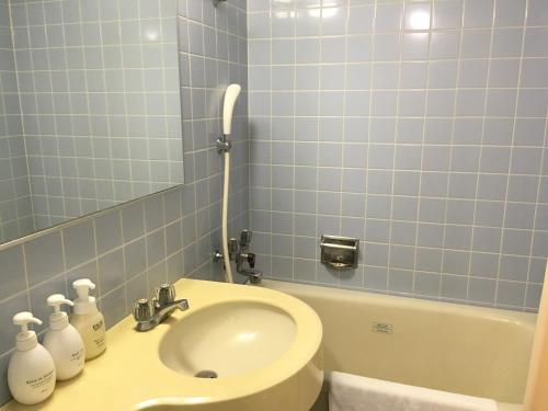 e bagno con lavandino, servizi igienici e vasca. di Hotel Furukawa Hills a Osaki