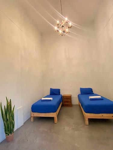two beds in a room with blue sheets and a chandelier at El Pinche Hostal in Guadalajara