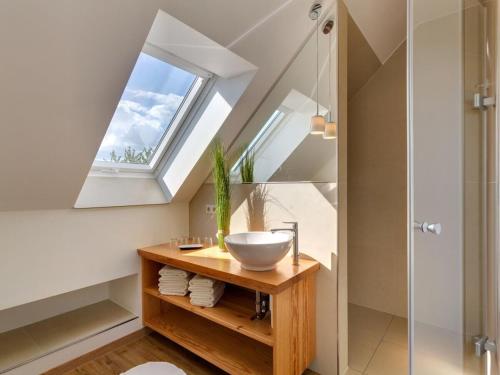 ein Badezimmer mit Waschbecken und Oberlicht in der Unterkunft Spreewald holiday home - Esox in Steinkirchen