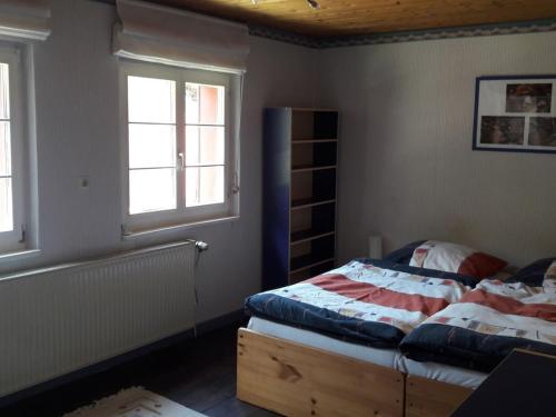 een slaapkamer met een bed en twee ramen bij Main building Neumühle in Lutzerath