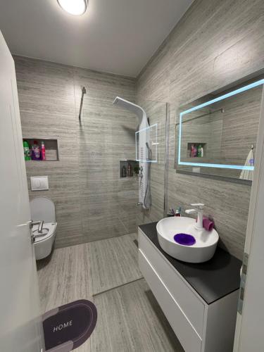 een badkamer met een wastafel, een toilet en een douche bij Genial Apartments in Gjakove