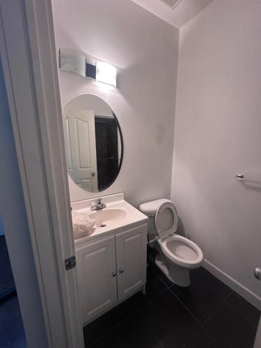 a bathroom with a sink and a toilet and a mirror at Sam Estates in Calgary